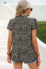 Ditsy Floral Mock Neck Short Sleeve T-Shirt - Trendsi - Flyclothing LLC