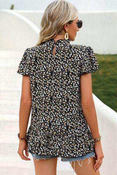 Ditsy Floral Mock Neck Short Sleeve T-Shirt - Trendsi - Flyclothing LLC