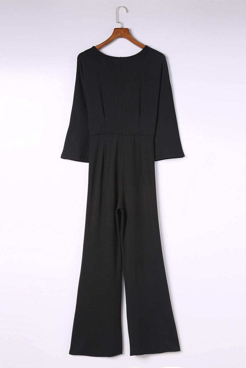 Twisted Plunge Three-Quarter Sleeve Jumpsuit - Trendsi - Flyclothing LLC