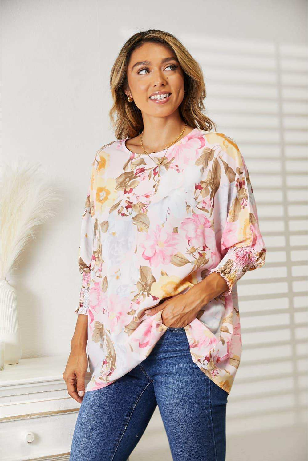 Double Take Floral Round Neck Three-Quarter Sleeve Top - Trendsi - Flyclothing LLC