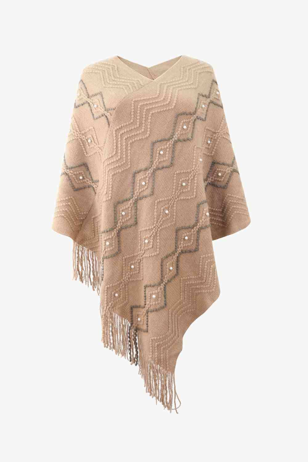 Pearl Trim V-Neck Fringe Hem Poncho - Trendsi - Flyclothing LLC