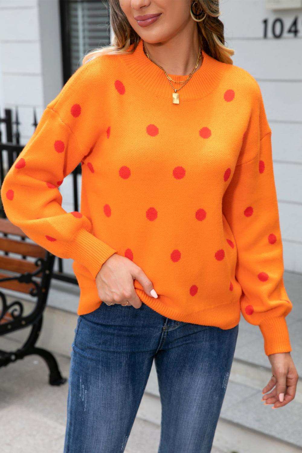 Polka Dot Round Neck Dropped Shoulder Sweater - Trendsi - Flyclothing LLC
