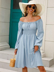 Off-Shoulder Balloon Sleeve Smocked Dress - Trendsi