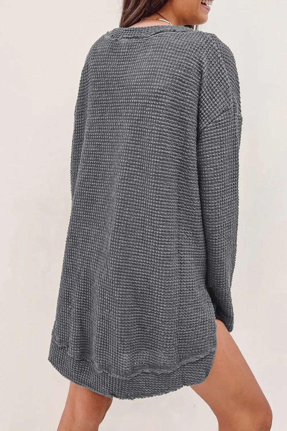 Waffle-Knit Round Neck Long Sleeve Sweatshirt - Trendsi - Flyclothing LLC