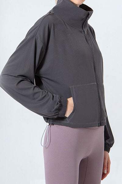 Drawstring Zip Up Dropped Shoulder Active Outerwear - Trendsi - Flyclothing LLC