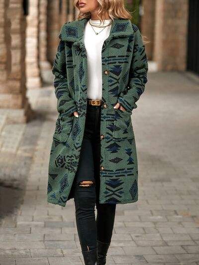 Geometric Pocketed Dropped Shoulder Coat - Trendsi - Flyclothing LLC