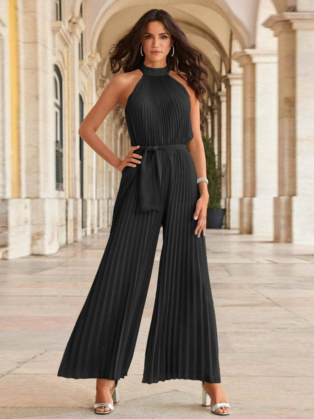 Cutout Tied Pleated Sleeveless Jumpsuit - Trendsi - Flyclothing LLC