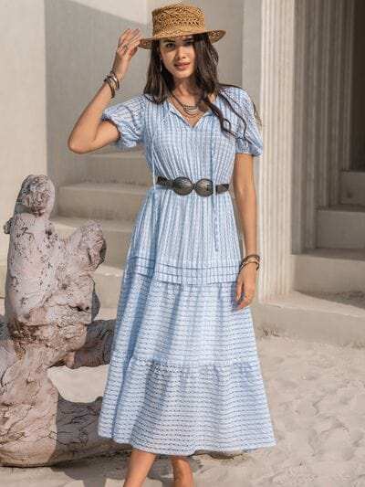 Tie Neck Balloon Sleeve Tiered Dress - Trendsi - Flyclothing LLC