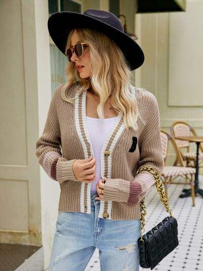 Contrast Button Up Dropped Shoulder Cardigan - Trendsi - Flyclothing LLC