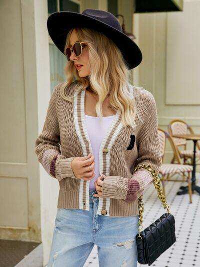 Contrast Button Up Dropped Shoulder Cardigan - Trendsi - Flyclothing LLC