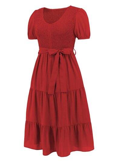 Smocked Tie Front Short Sleeve Tiered Dress - Trendsi - Flyclothing LLC