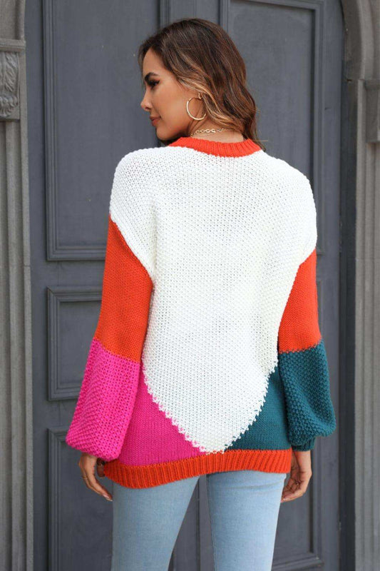 Color Block Round Neck Drop Shoulder Sweater - Trendsi - Flyclothing LLC