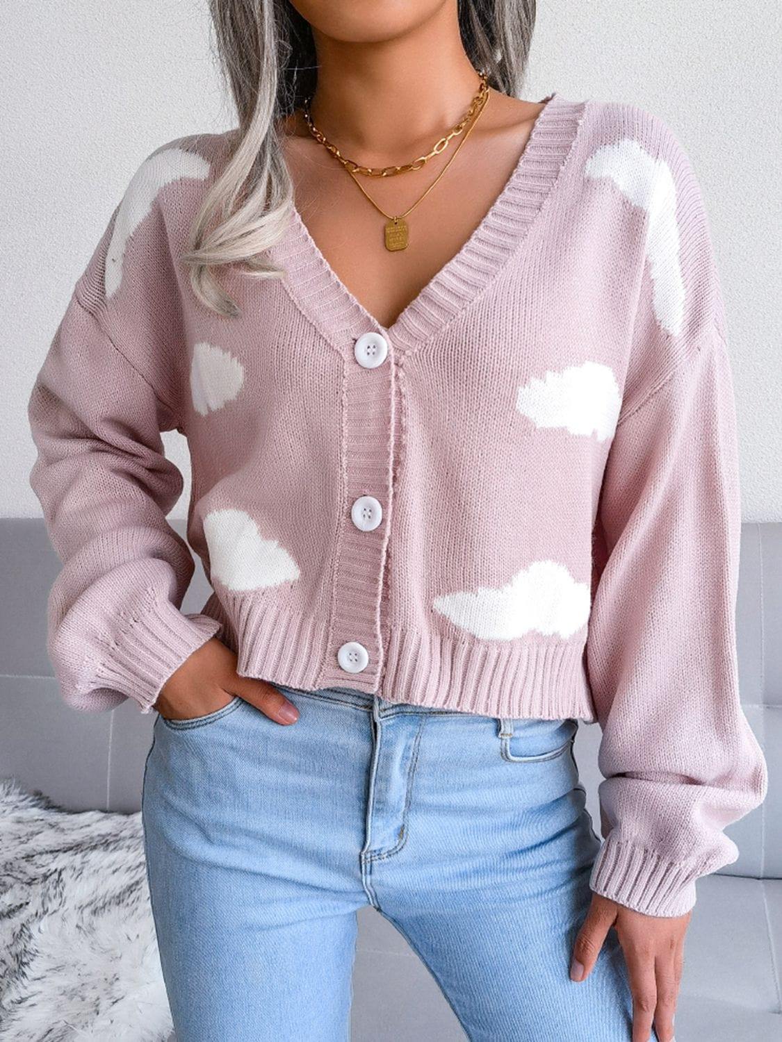 Cloud Print Button Down Ribbed Trim Cardigan - Trendsi
