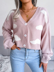 Cloud Print Button Down Ribbed Trim Cardigan - Trendsi