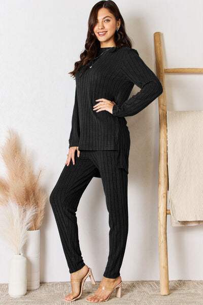 Basic Bae Full Size Ribbed Round Neck High-Low Slit Top and Pants Set - Trendsi - Flyclothing LLC