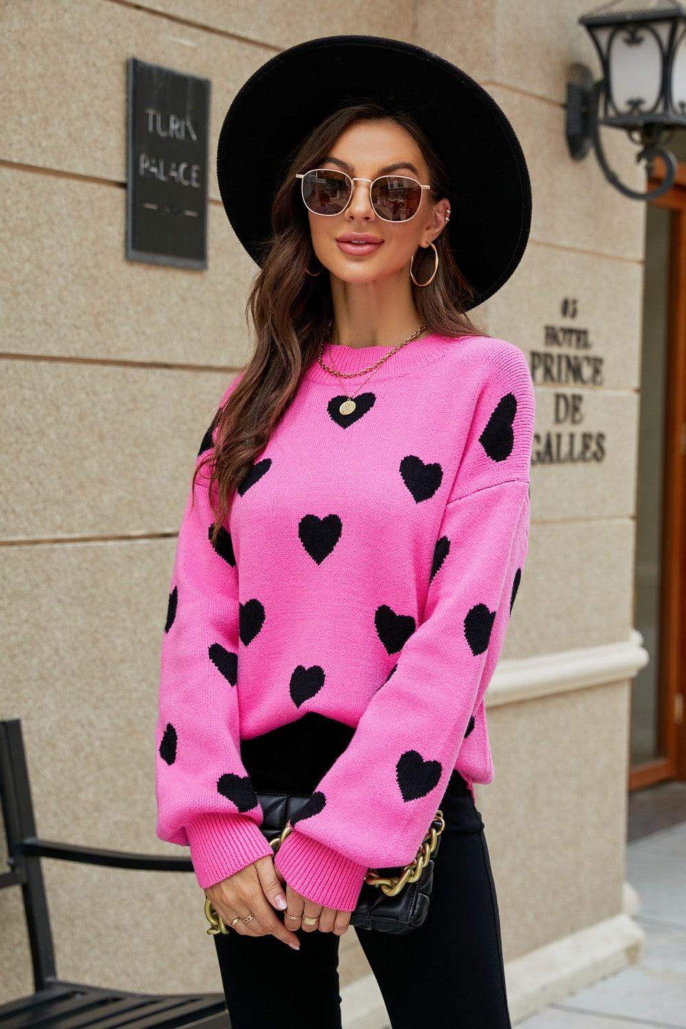 Heart Pattern Lantern Sleeve Round Neck Tunic Sweater - Trendsi - Flyclothing LLC