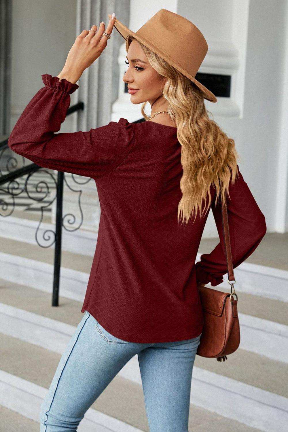 Round Neck Flounce Sleeve Blouse - Trendsi - Flyclothing LLC