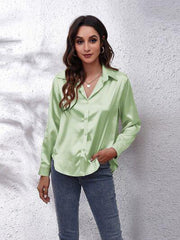 Button Up Collared Neck Long Sleeve Shirt - Trendsi
