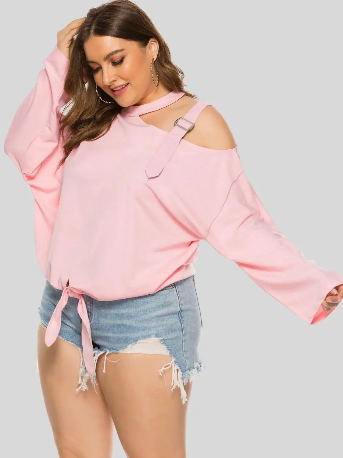 Plus Size Cold-Shoulder Tied Top - Trendsi - Flyclothing LLC