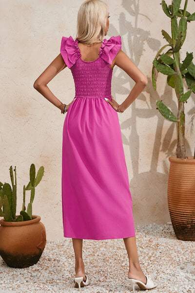Smocked Ruffled Scoop Neck Midi Dress - Trendsi - Flyclothing LLC