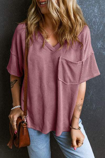 Textured V-Neck Dropped Shoulder T-Shirt - Trendsi - Flyclothing LLC