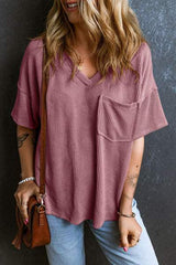 Textured V-Neck Dropped Shoulder T-Shirt - Trendsi - Flyclothing LLC