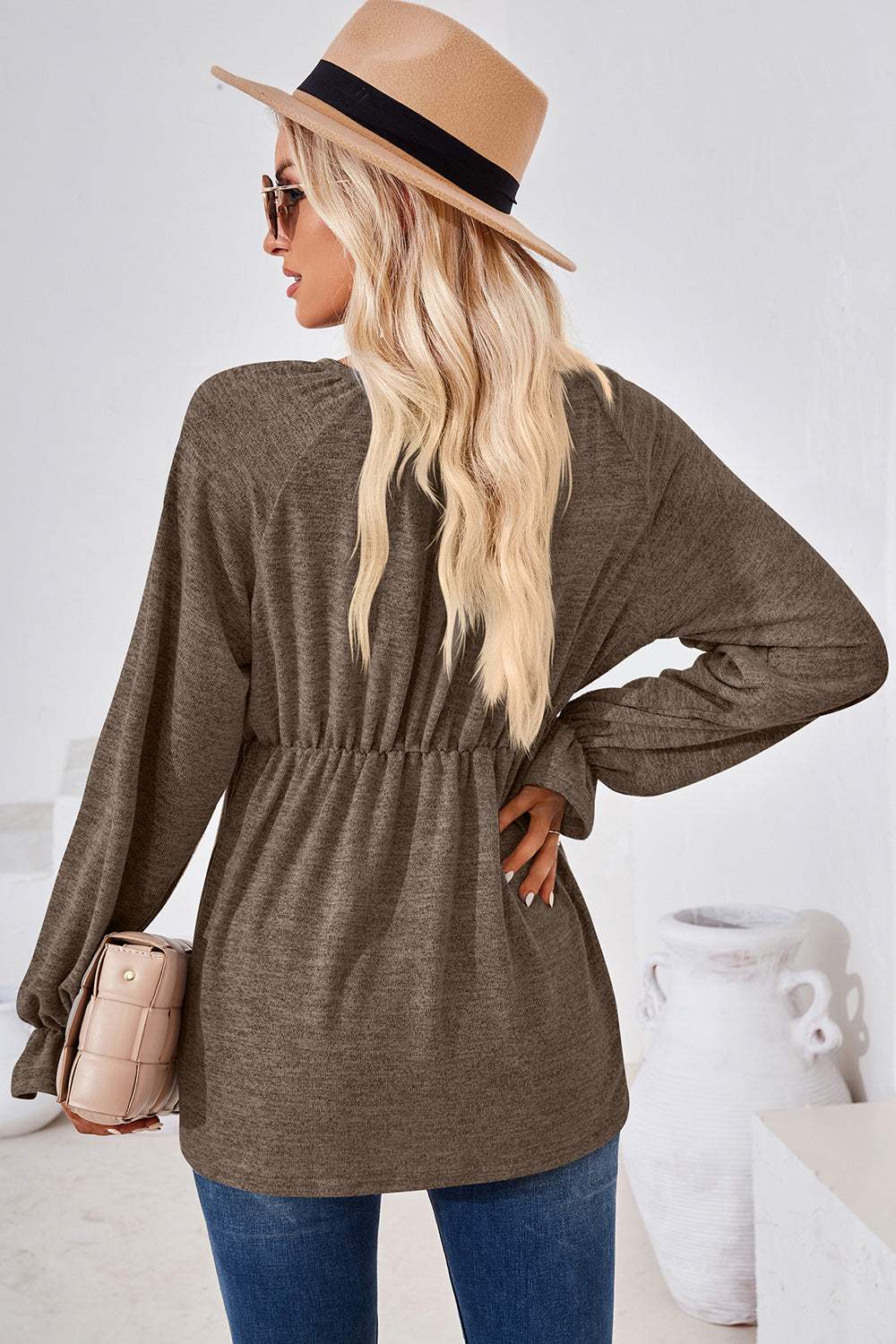 Ruched Round Neck Flounce Sleeve Blouse - Trendsi - Flyclothing LLC