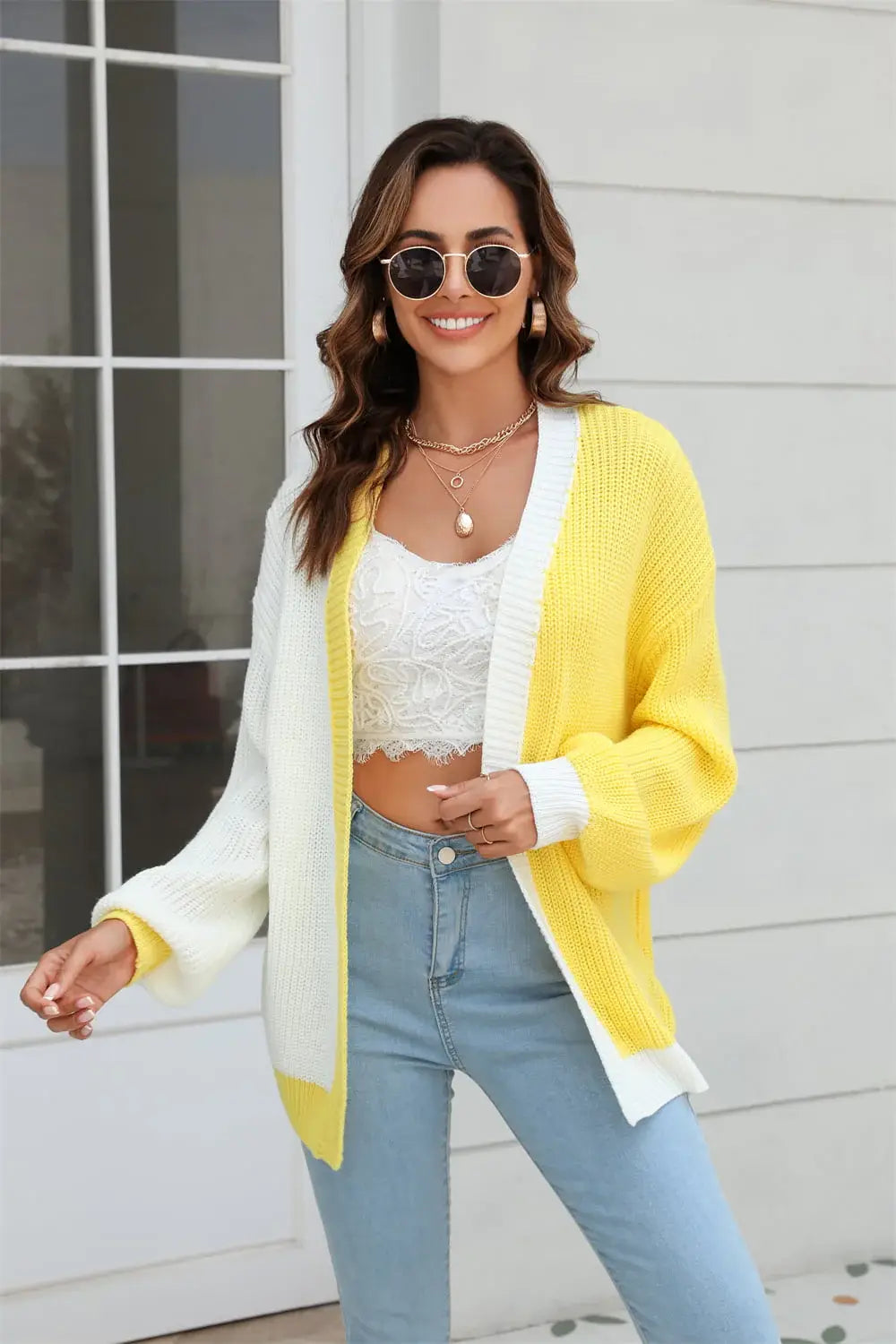 Open Front Contrast Color Balloon Sleeve Cardigan - Trendsi - Flyclothing LLC