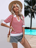 Striped Johnny Collar Half Sleeve Knit Top - Trendsi - Flyclothing LLC