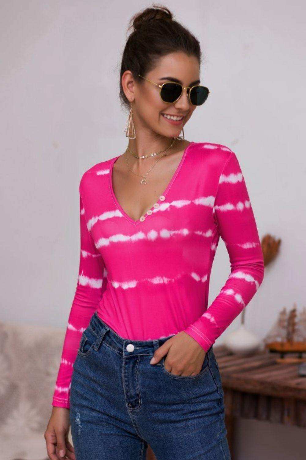 Tie-Dye Plunge Long Sleeve Top - Trendsi - Flyclothing LLC