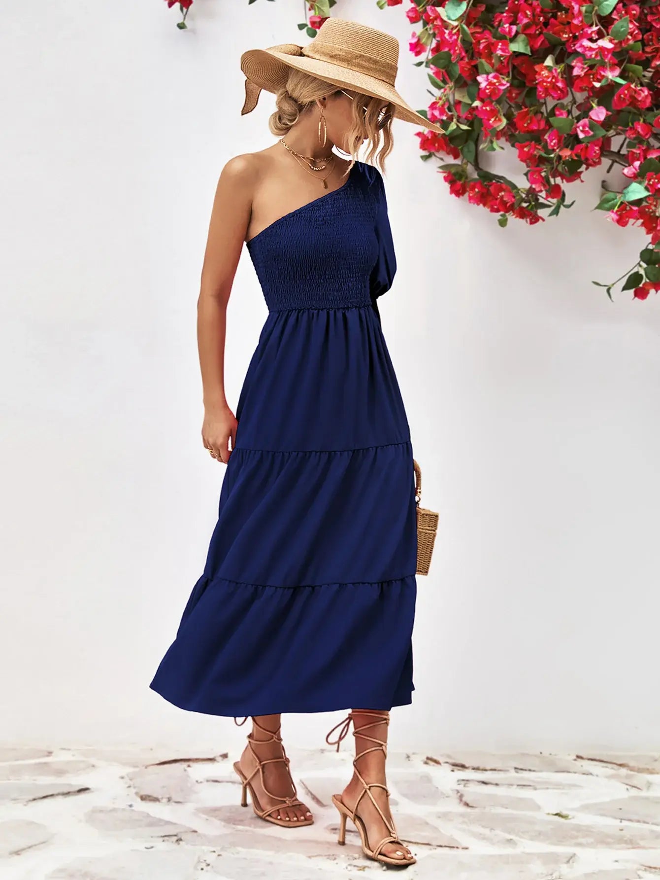 Smocked One-Shoulder Midi Dress - Trendsi - Flyclothing LLC