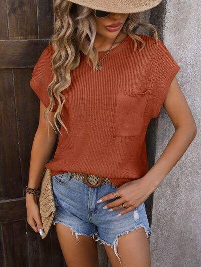 Pocketed Round Neck Cap Sleeve Sweater - Trendsi - Flyclothing LLC