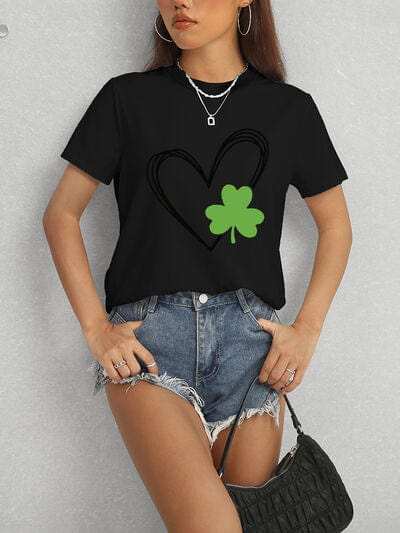 Heart Lucky Clover Short Sleeve T-Shirt - Trendsi - Flyclothing LLC