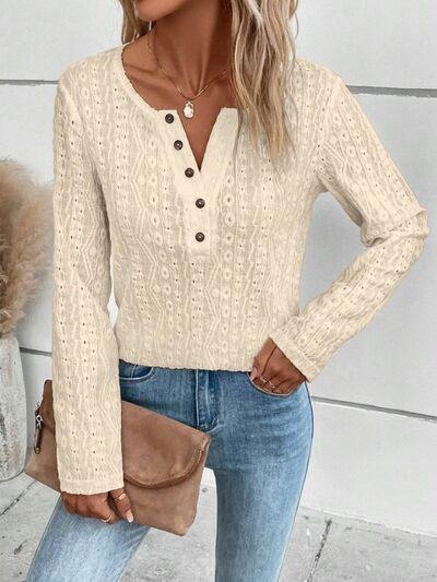 Openwork Half Button Long Sleeve Blouse - Trendsi