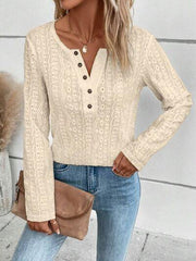 Openwork Half Button Long Sleeve Blouse - Trendsi