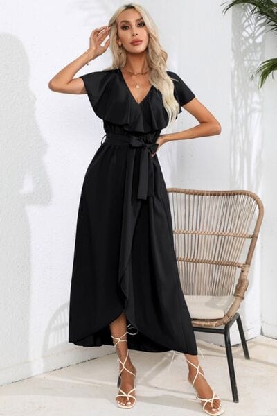 Ruffled Tied V-Neck Midi Dress - Trendsi