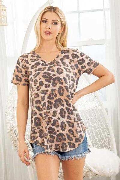 Heimish Full Size Leopard V-Neck Short Sleeve T-Shirt - Trendsi - Flyclothing LLC