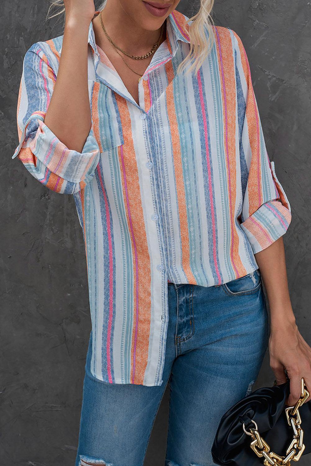 Striped Button-Up Curved Hem Shirt with Breast Pocket - Flyclothing LLC