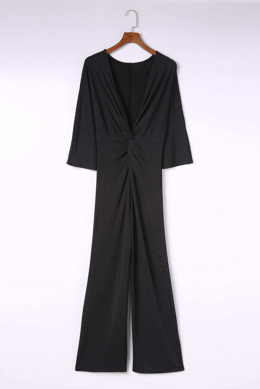Twisted Plunge Three-Quarter Sleeve Jumpsuit - Trendsi - Flyclothing LLC