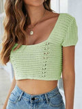 Lace-Up Openwork Square Neck Sweater - Trendsi - Flyclothing LLC