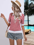 Striped Johnny Collar Half Sleeve Knit Top - Trendsi - Flyclothing LLC
