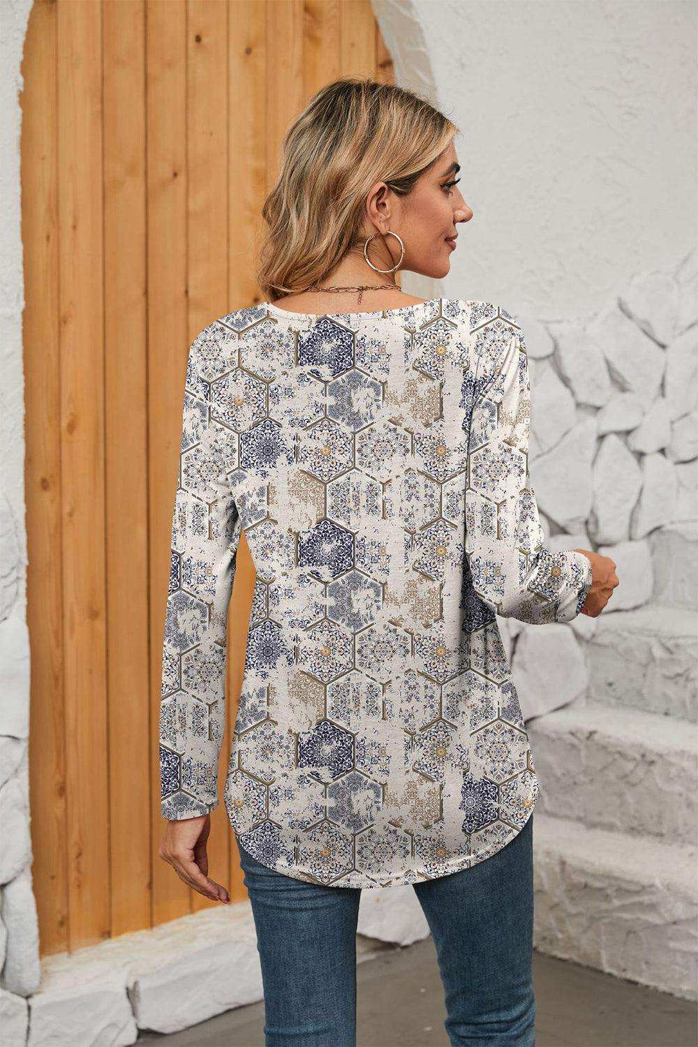 Printed Square Neck Long Sleeve Blouse - Trendsi - Flyclothing LLC