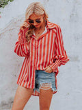 Striped Collared Neck Lantern Sleeve Shirt - Trendsi - Flyclothing LLC