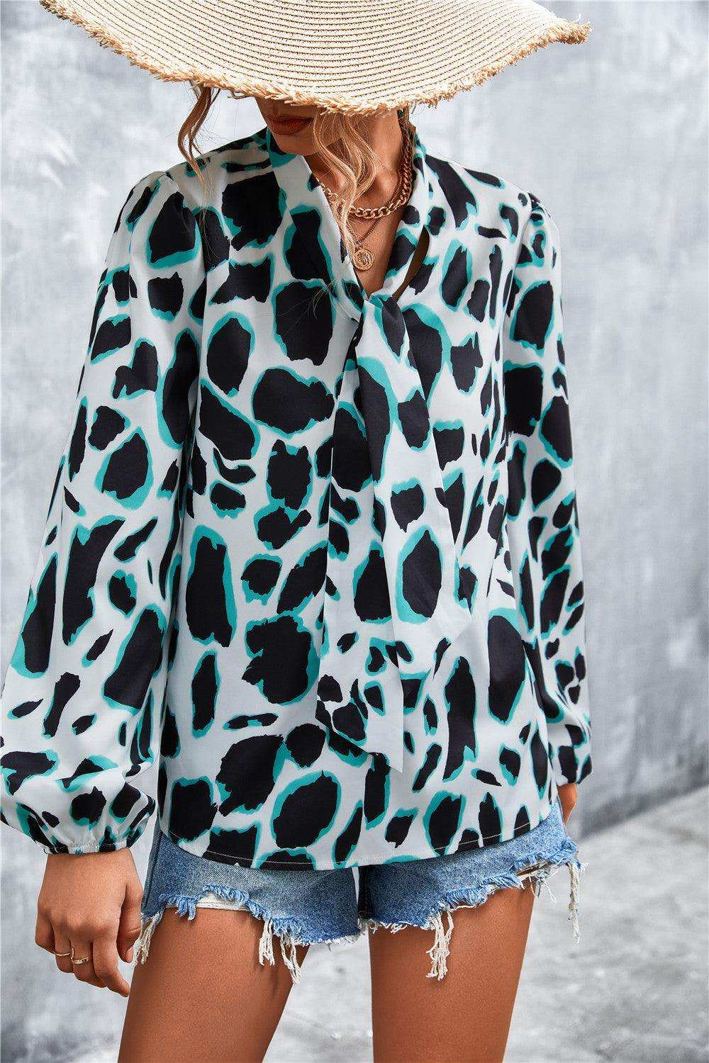 Printed Tie Neck Puff Sleeve Blouse - Trendsi - Flyclothing LLC