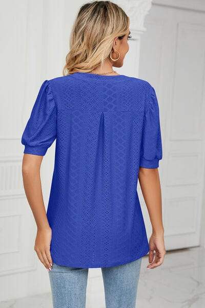 Eyelet Notched Short Sleeve T-Shirt - Trendsi - Flyclothing LLC