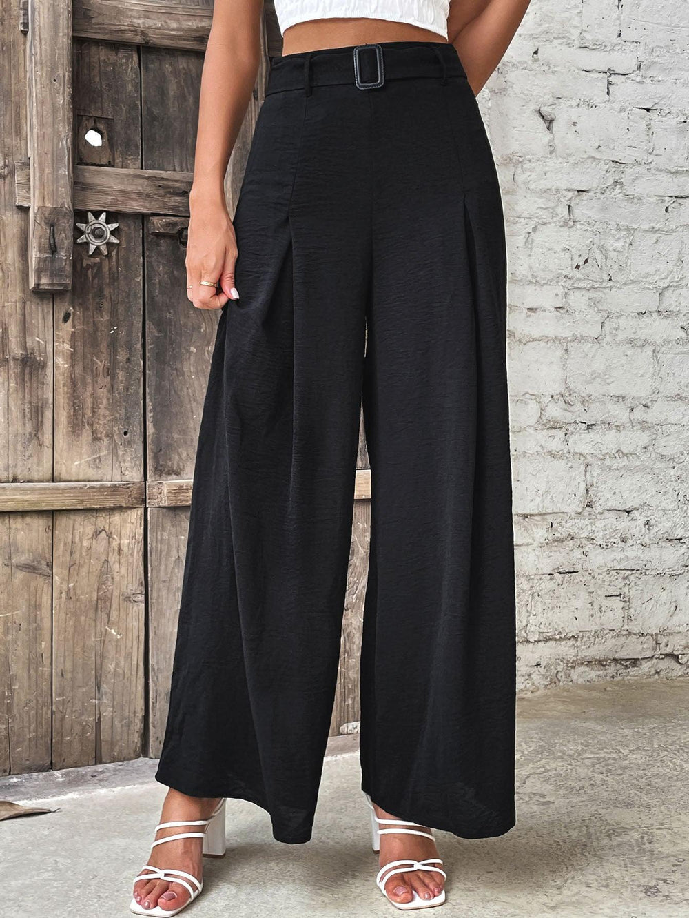 Ruched High Waist Wide Leg Pants - Trendsi