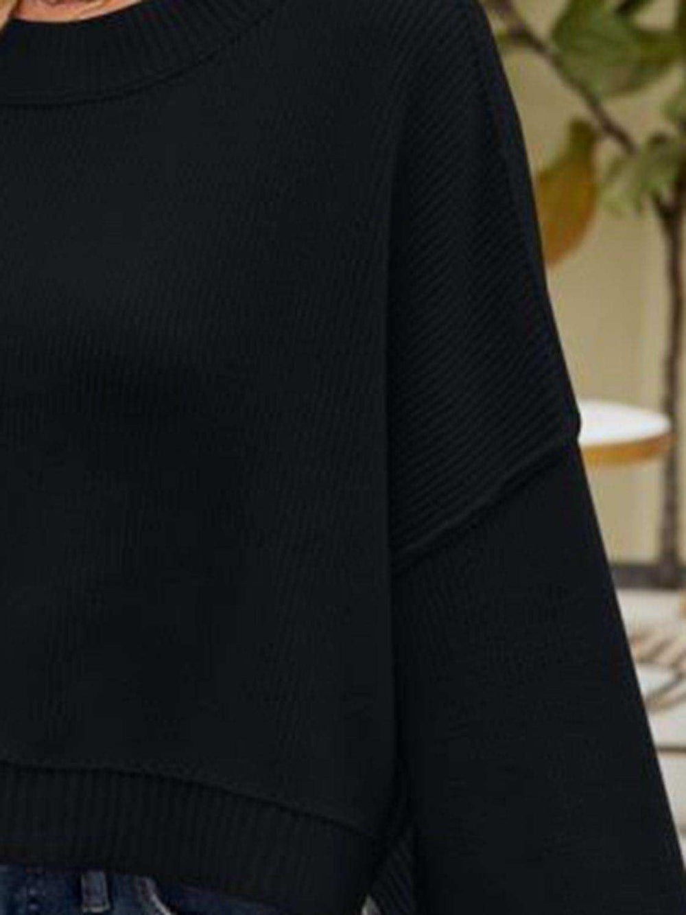 Round Neck Dropped Shoulder Sweater - Trendsi - Flyclothing LLC