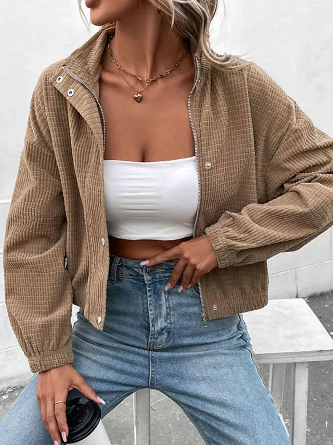 Long Sleeve Dropped Shoulder Jacket - Trendsi - Flyclothing LLC