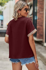 Openwork V-Neck Short Sleeve T-Shirt - Trendsi - Flyclothing LLC