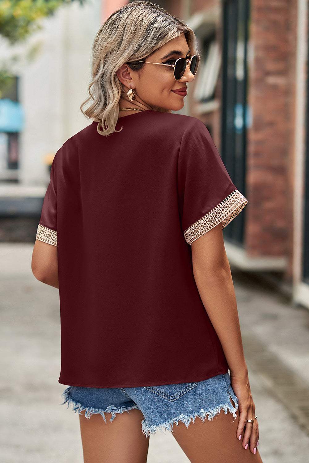 Openwork V-Neck Short Sleeve T-Shirt - Trendsi - Flyclothing LLC